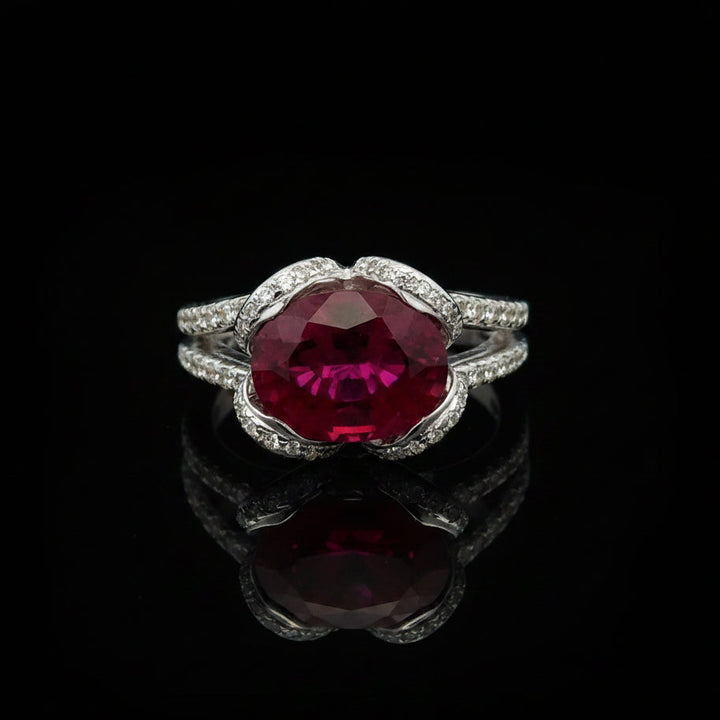 Vintage Fine Rubellite & Diamond 14k White Gold Ring