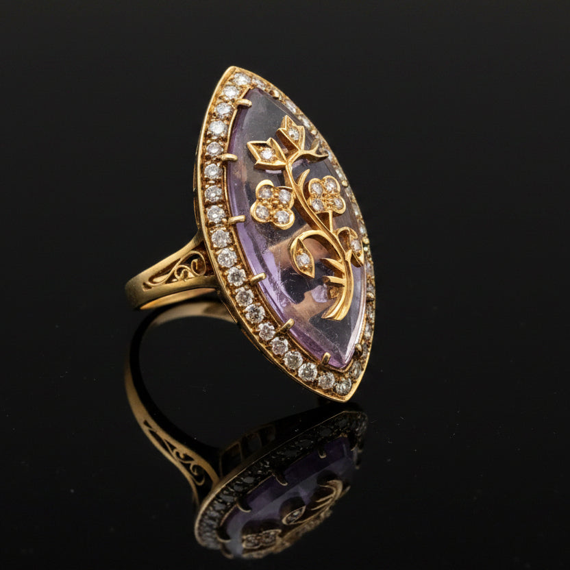 Vintage Diamond & Amethsyt 18K Yellow Gold Ring