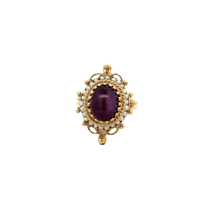 Vintage  Seed Pearl & 5.00 ct Ruby 10K Yellow Gold Ring