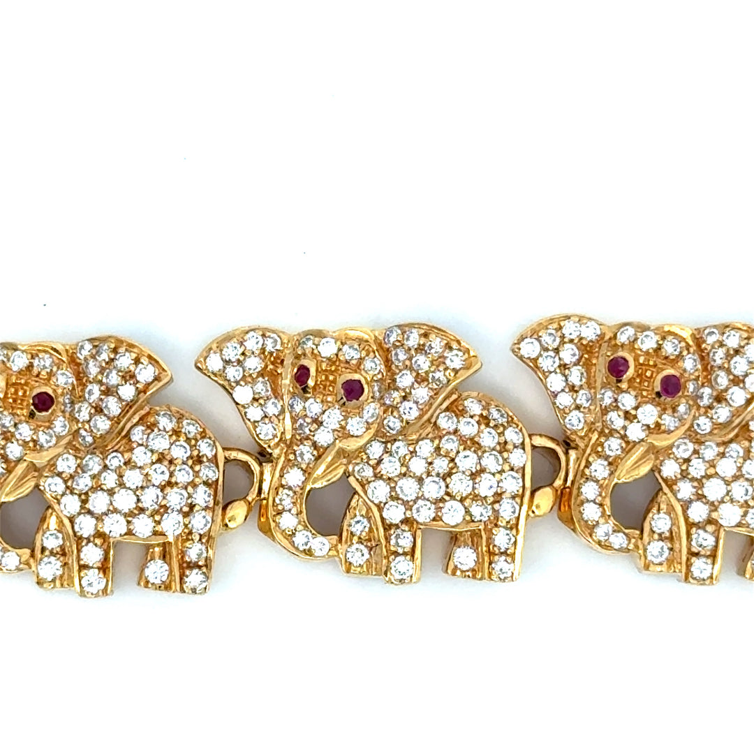 Vintage Elephant Diamond & Ruby 18K Yellow Gold Bracelet