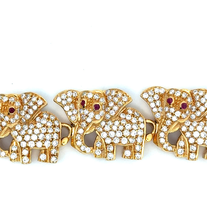 Vintage Elephant Diamond & Ruby 18K Yellow Gold Bracelet