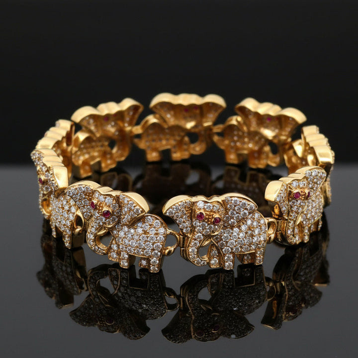 Vintage Elephant Diamond & Ruby 18K Yellow Gold Bracelet