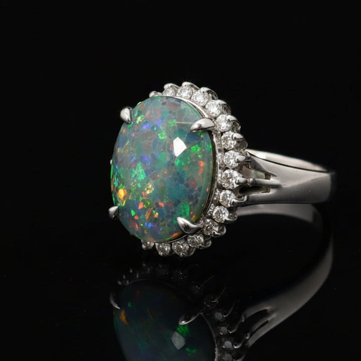 Vintage Black Opal & Diamond Platinum Ring