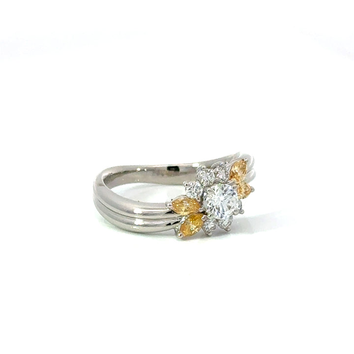 Vintage Mikimoto Natural Fancy Yellow & White Diamond Platinum Ring