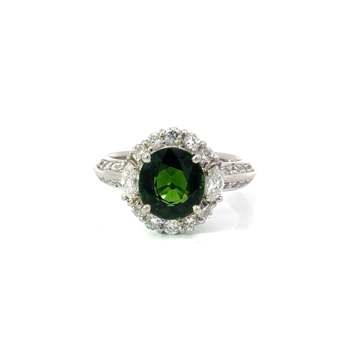 Estate Diamond & Green Tourmaline Platinum Ring