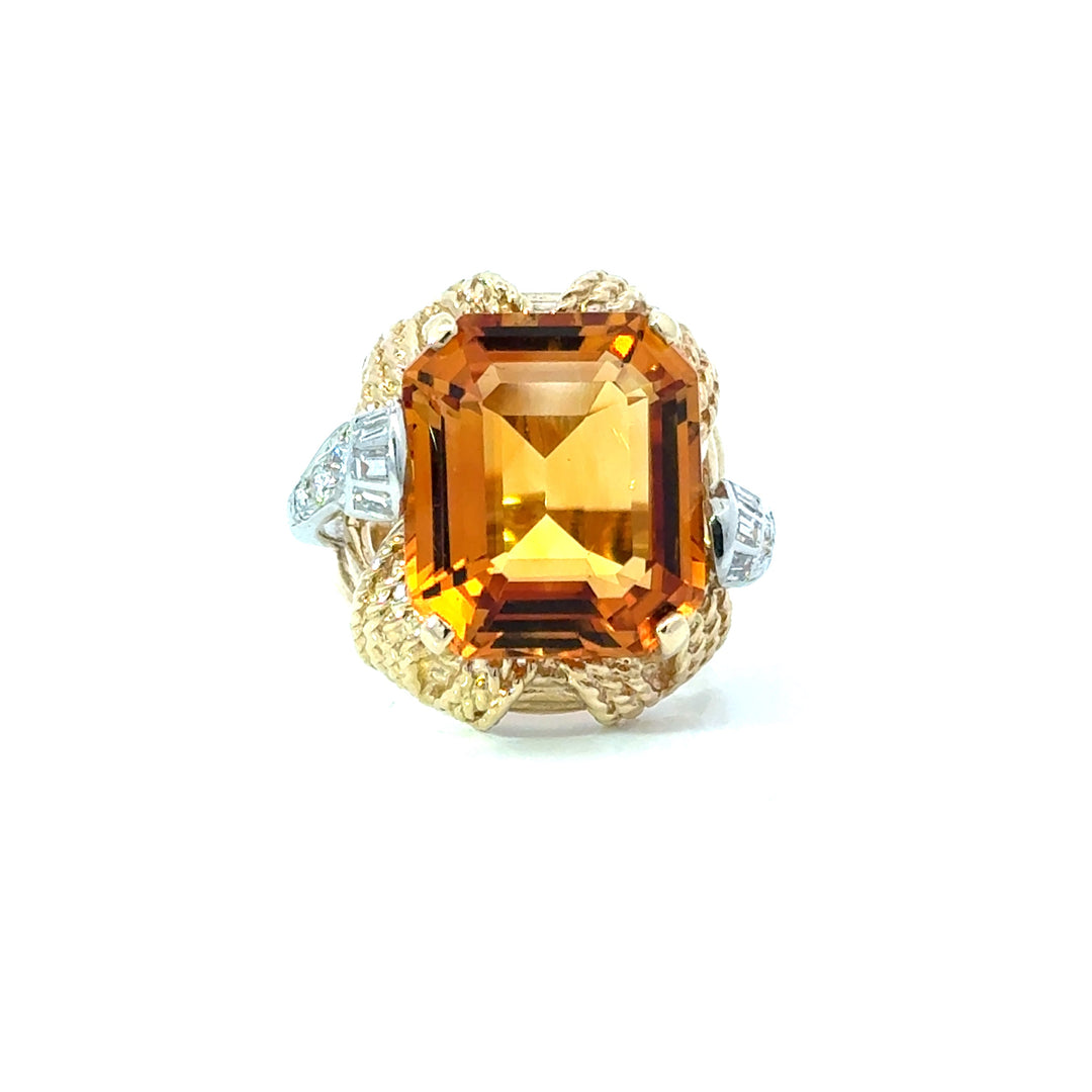 Estate Designer Citrine & Diamond 14K White & Yellow Gold Ring