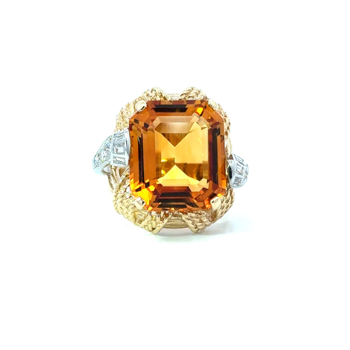 Estate Designer Citrine & Diamond 14K White & Yellow Gold Ring
