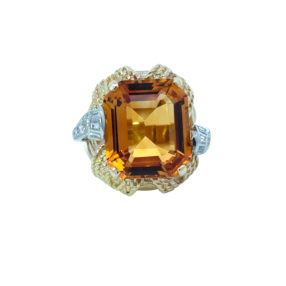 Estate Designer Citrine & Diamond 14K White & Yellow Gold Ring