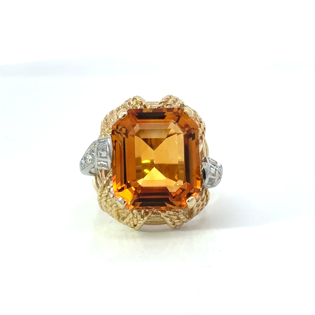 Estate Designer Citrine & Diamond 14K White & Yellow Gold Ring