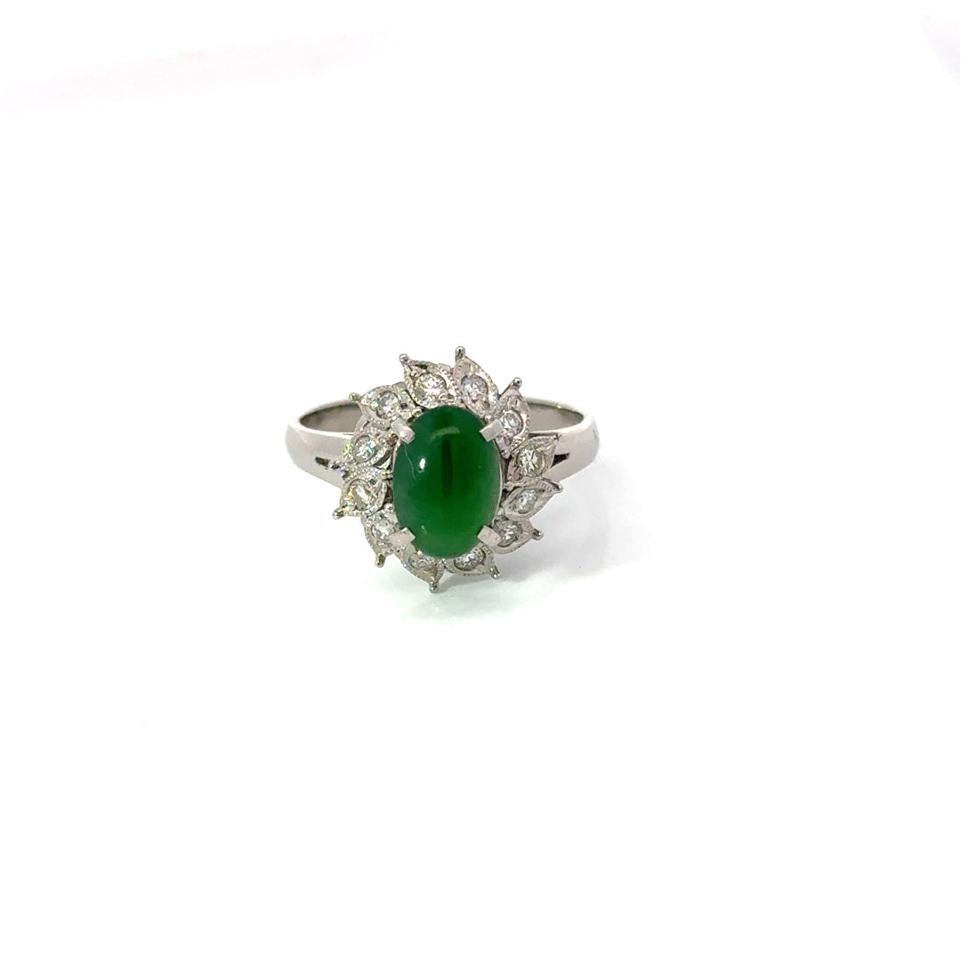 Estate Natural Color Jadeite & Diamond Platinum Ring (GIA)
