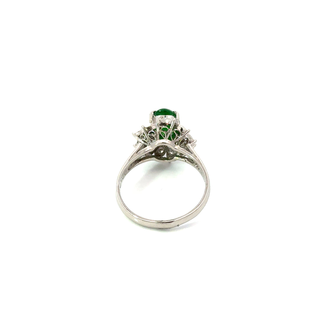 Estate Natural Color Jadeite & Diamond Platinum Ring (GIA)