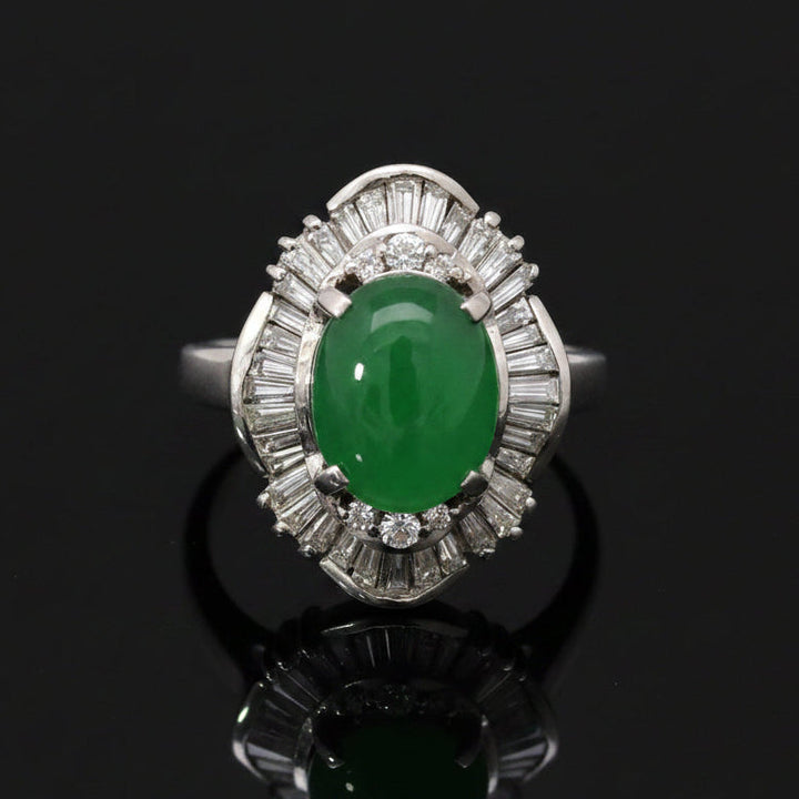 Estate Natural Color Jadeite & Diamond Platinum Ring (GIA)