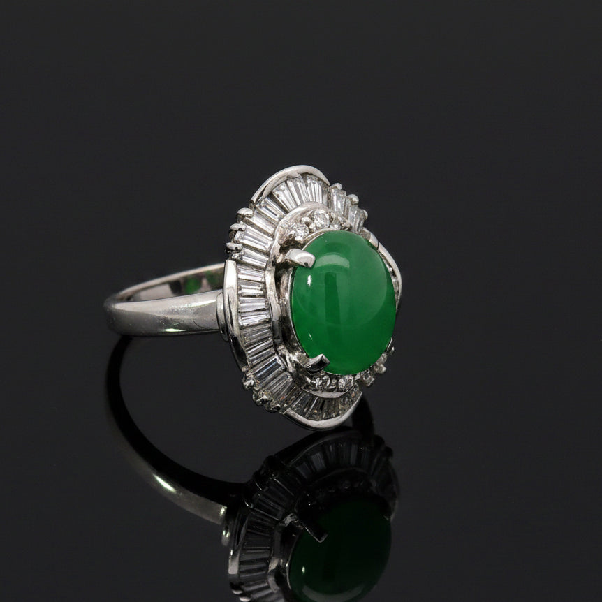 Estate Natural Color Jadeite & Diamond Platinum Ring (GIA)