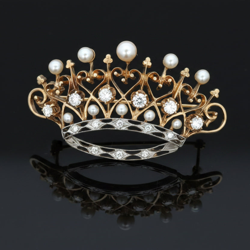 Retro 1940's Diamond & Cultured Pearl 14K/Platinum Crown Brooch