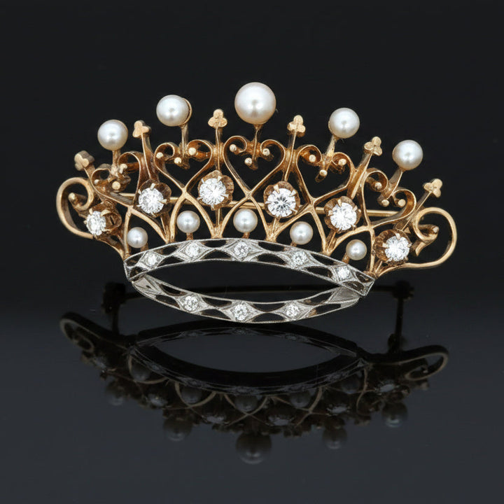 Retro 1940's Diamond & Cultured Pearl 14K/Platinum Crown Brooch