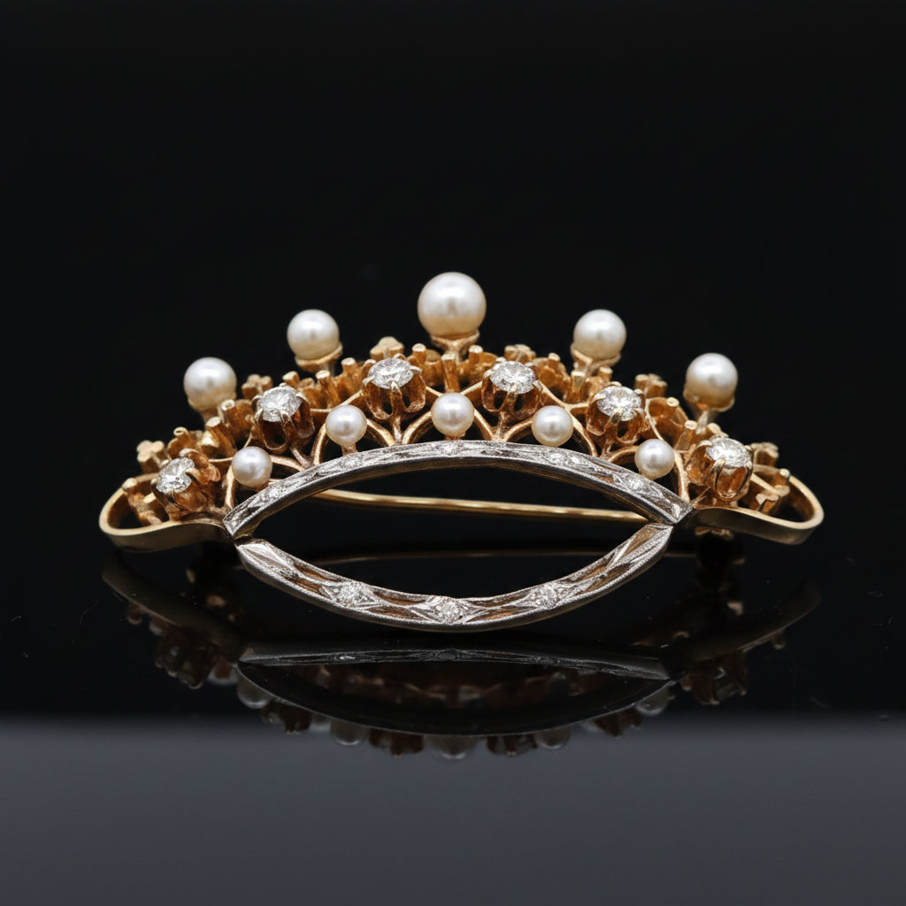 Retro 1940's Diamond & Cultured Pearl 14K/Platinum Crown Brooch