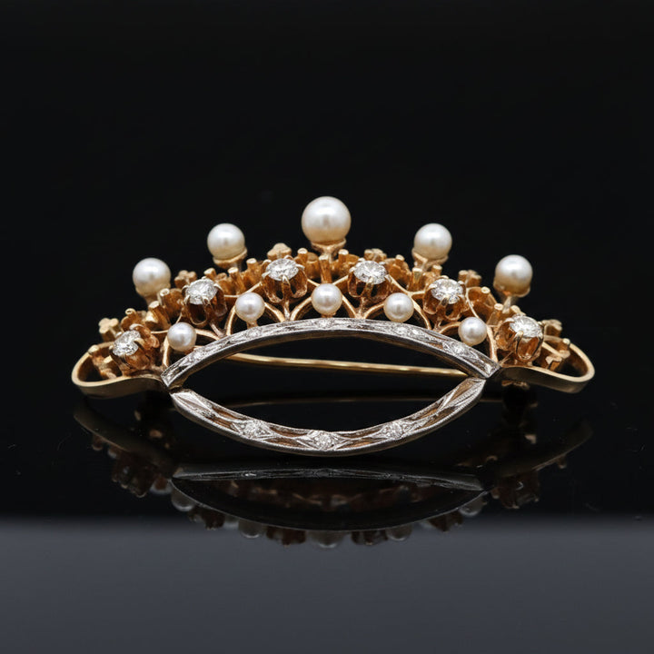 Retro 1940's Diamond & Cultured Pearl 14K/Platinum Crown Brooch