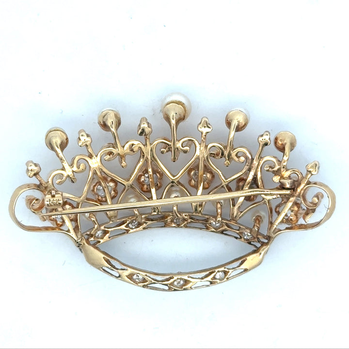 Retro 1940's Diamond & Cultured Pearl 14K/Platinum Crown Brooch