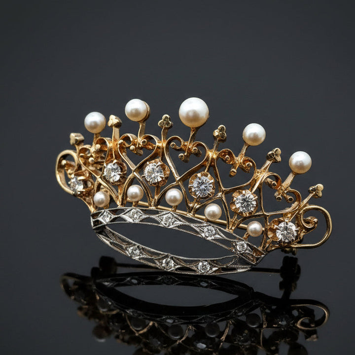 Retro 1940's Diamond & Cultured Pearl 14K/Platinum Crown Brooch