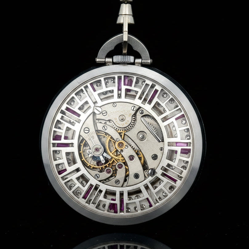 Estate Art Deco Tiffany & Co. Diamond, Ruby, Pearl Platinum Pocket Watch & Fobe#109737