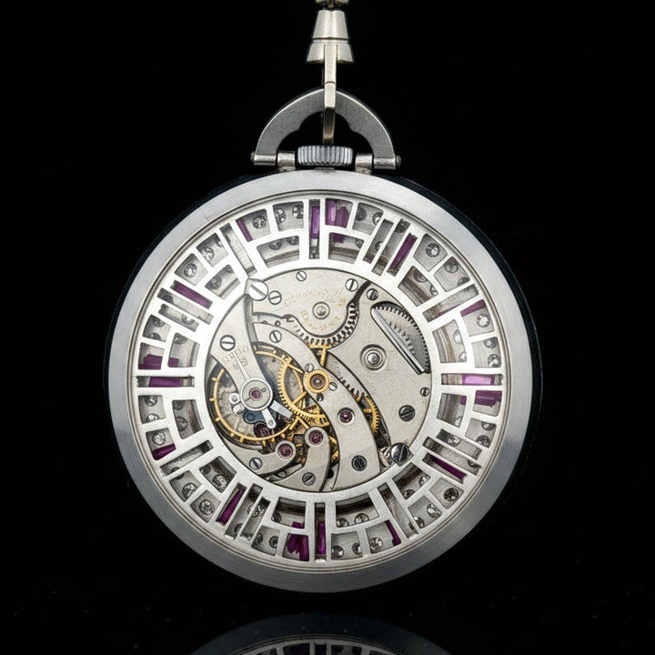Estate Art Deco Tiffany & Co. Diamond, Ruby, Pearl Platinum Pocket Watch & Fobe#109737