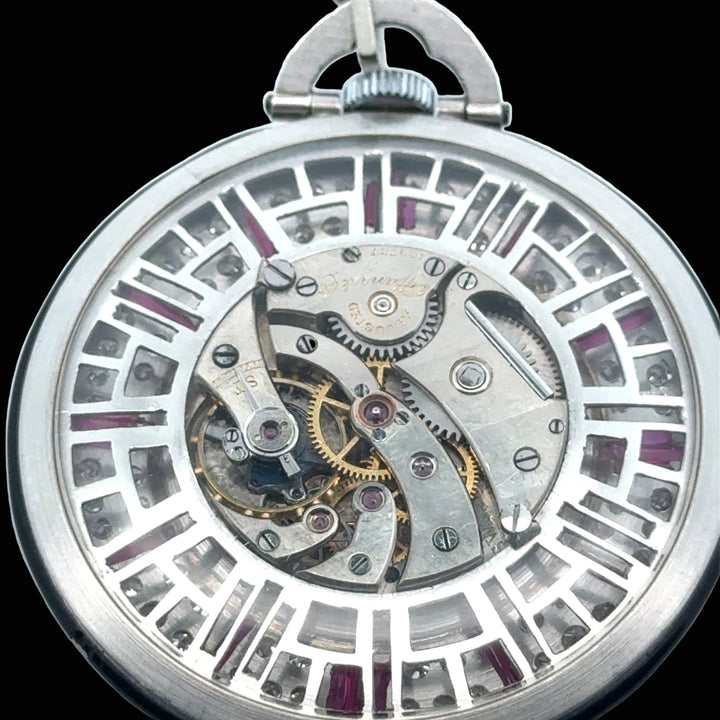 Estate Art Deco Tiffany & Co. Diamond, Ruby, Pearl Platinum Pocket Watch & Fobe#109737