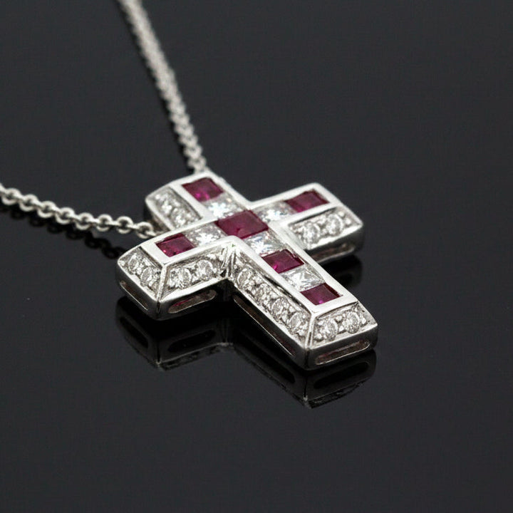 Estate Diamond & Ruby 18K White Gold Cross Necklace