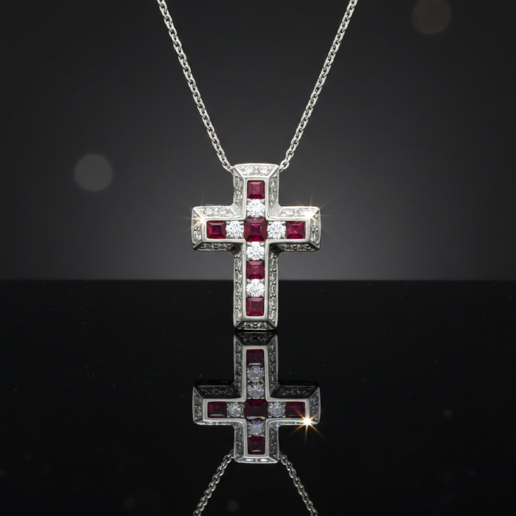 Estate Diamond & Ruby 18K White Gold Cross Necklace
