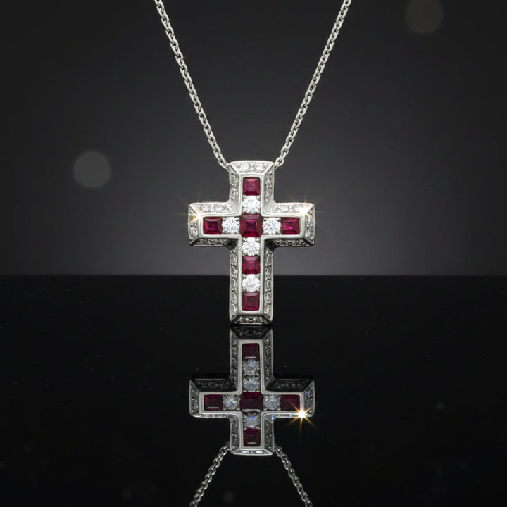 Estate Diamond & Ruby 18K White Gold Cross Necklace