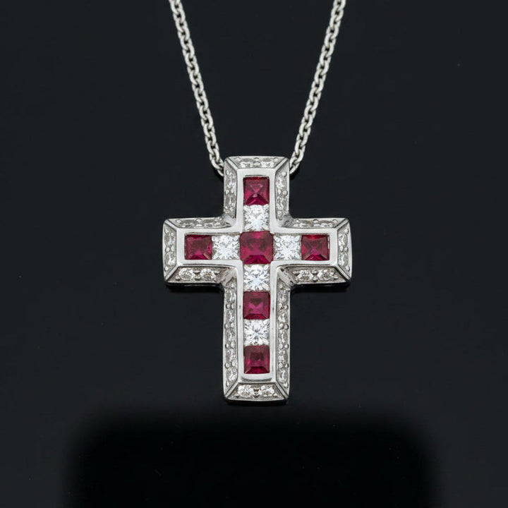 Estate Diamond & Ruby 18K White Gold Cross Necklace