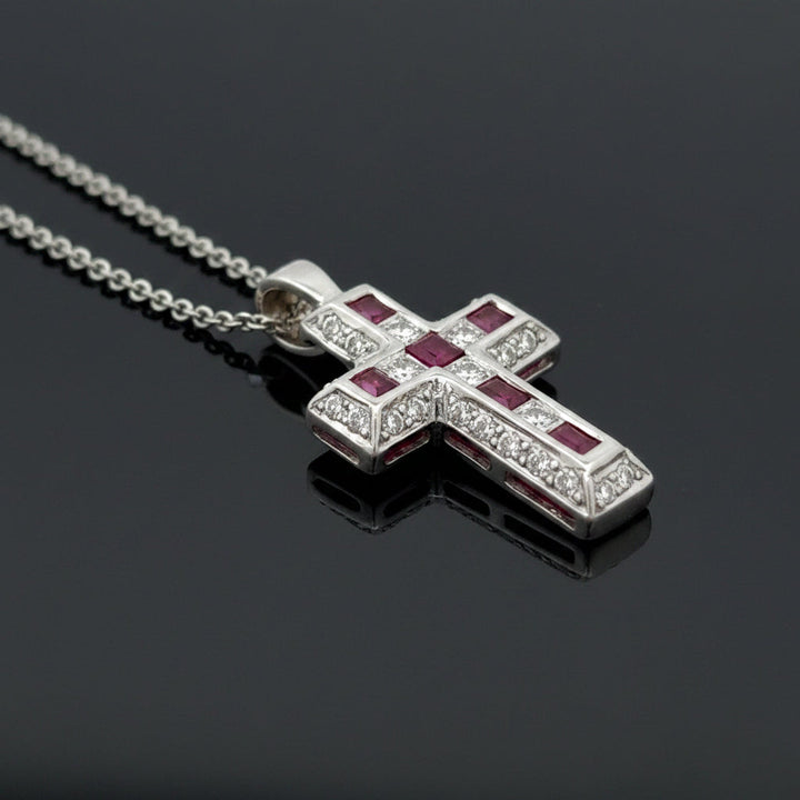 Estate Diamond & Ruby 18K White Gold Cross Necklace