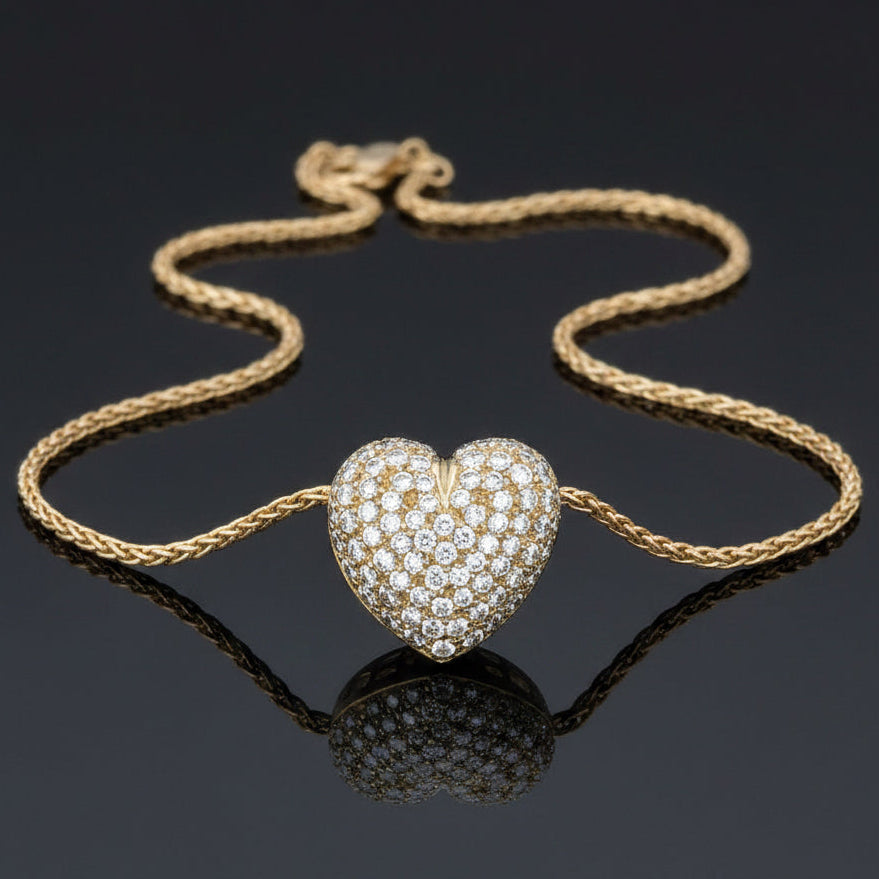 Estate 18K Yellow Gold Pave 2.50cttw Diamond Bombe Heart Necklace