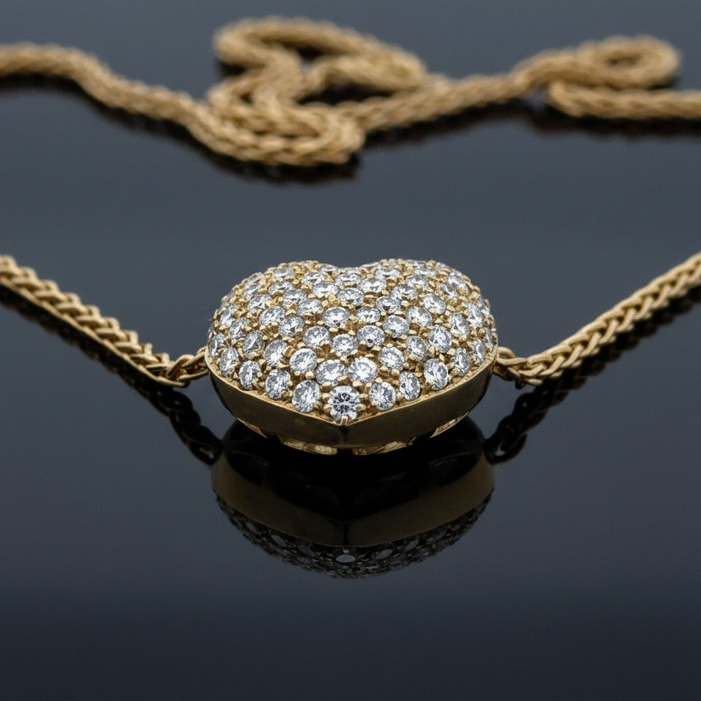 Estate 18K Yellow Gold Pave 2.50cttw Diamond Bombe Heart Necklace