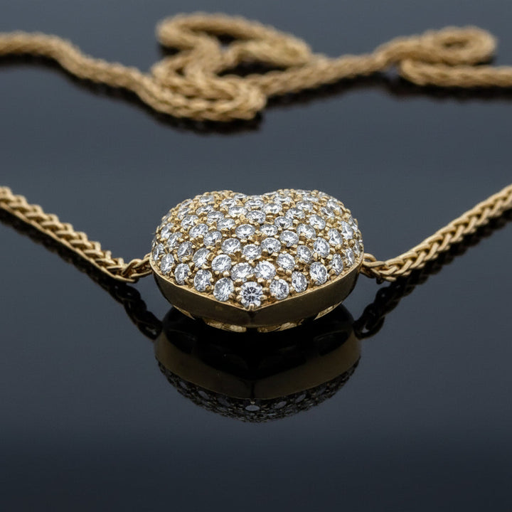 Estate 18K Yellow Gold Pave 2.50cttw Diamond Bombe Heart Necklace
