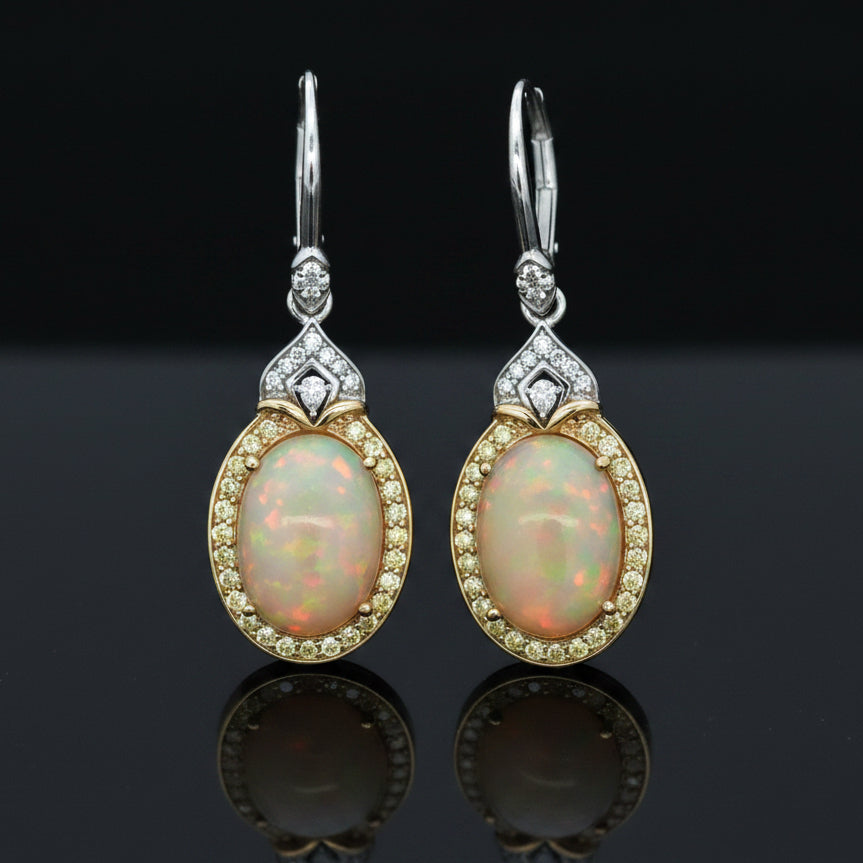 Estate Designer Opal and Fancy Yellow & White Diamond Dangle Earrings