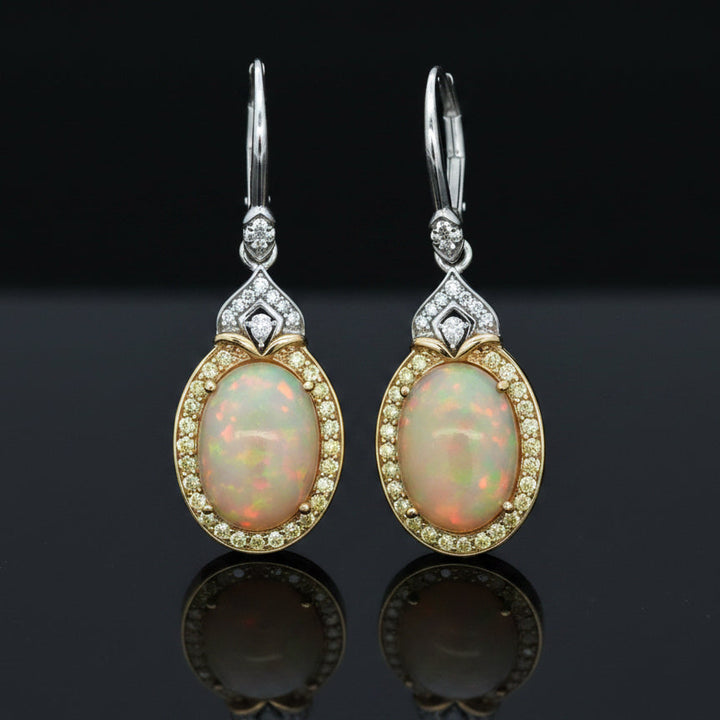 Estate Designer Opal and Fancy Yellow & White Diamond Dangle Earrings