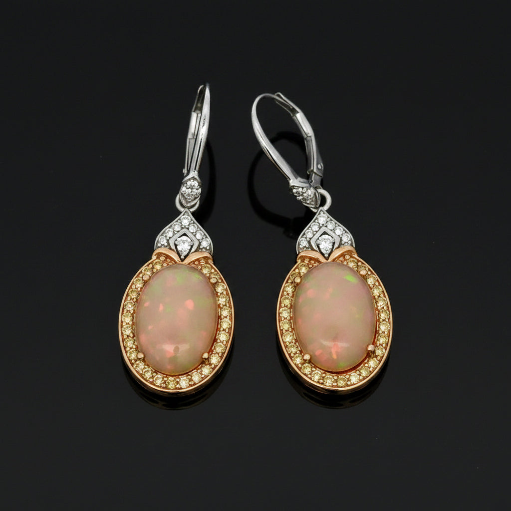 Estate Designer Opal and Fancy Yellow & White Diamond Dangle Earrings