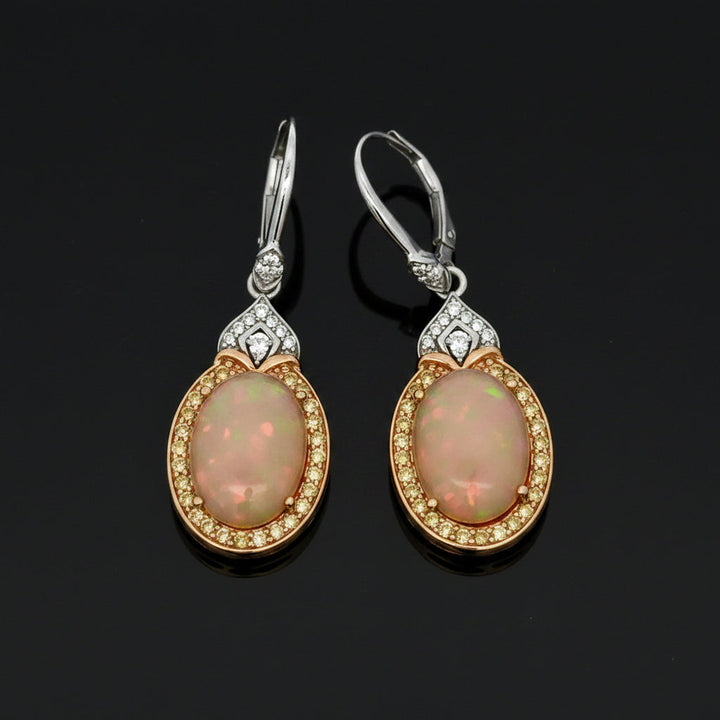 Estate Designer Opal and Fancy Yellow & White Diamond Dangle Earrings