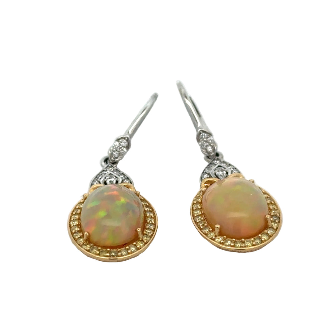 Estate Designer Opal and Fancy Yellow & White Diamond Dangle Earrings