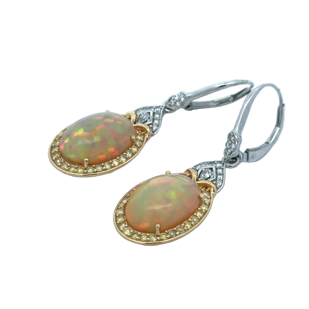 Estate Designer Opal and Fancy Yellow & White Diamond Dangle Earrings