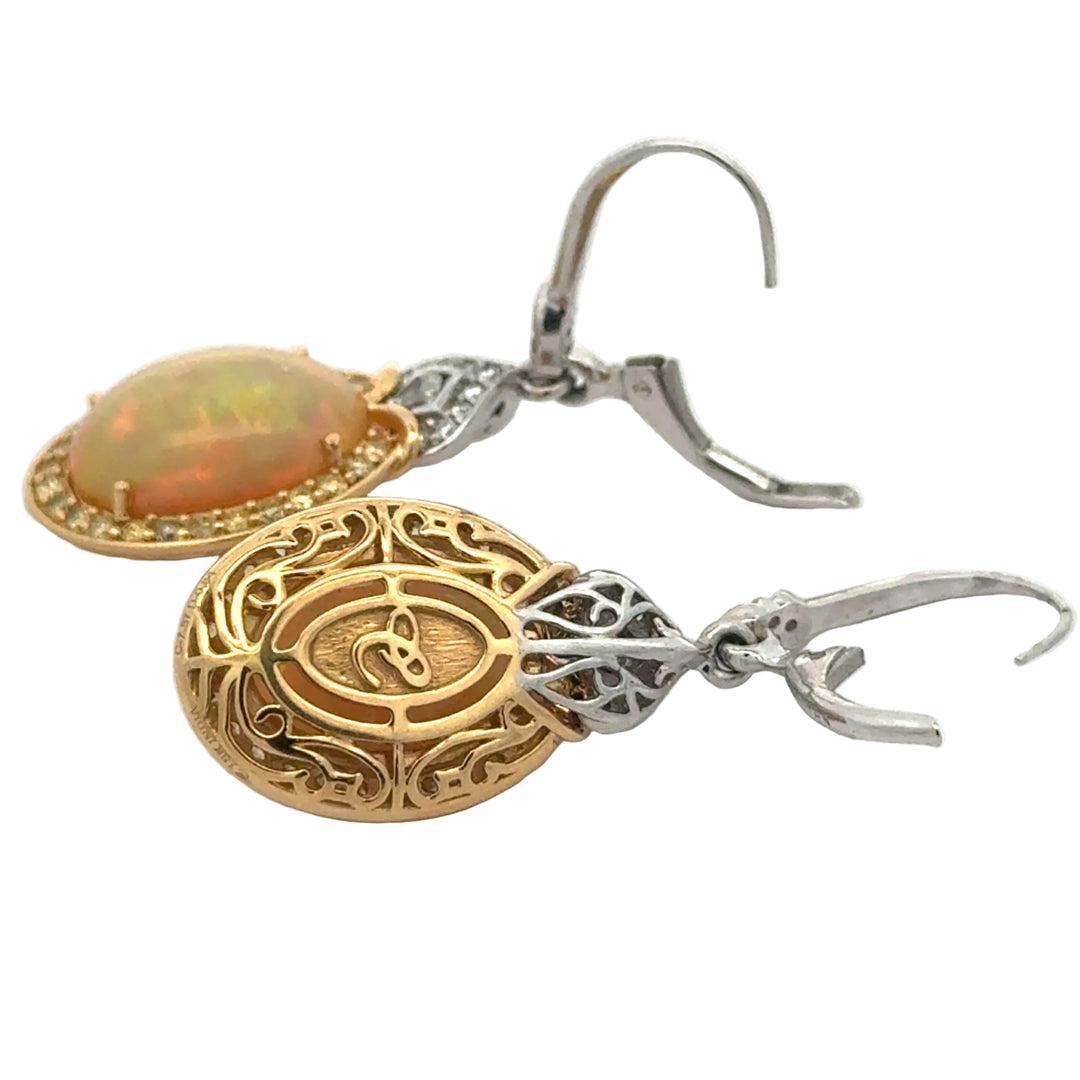 Estate Designer Opal and Fancy Yellow & White Diamond Dangle Earrings