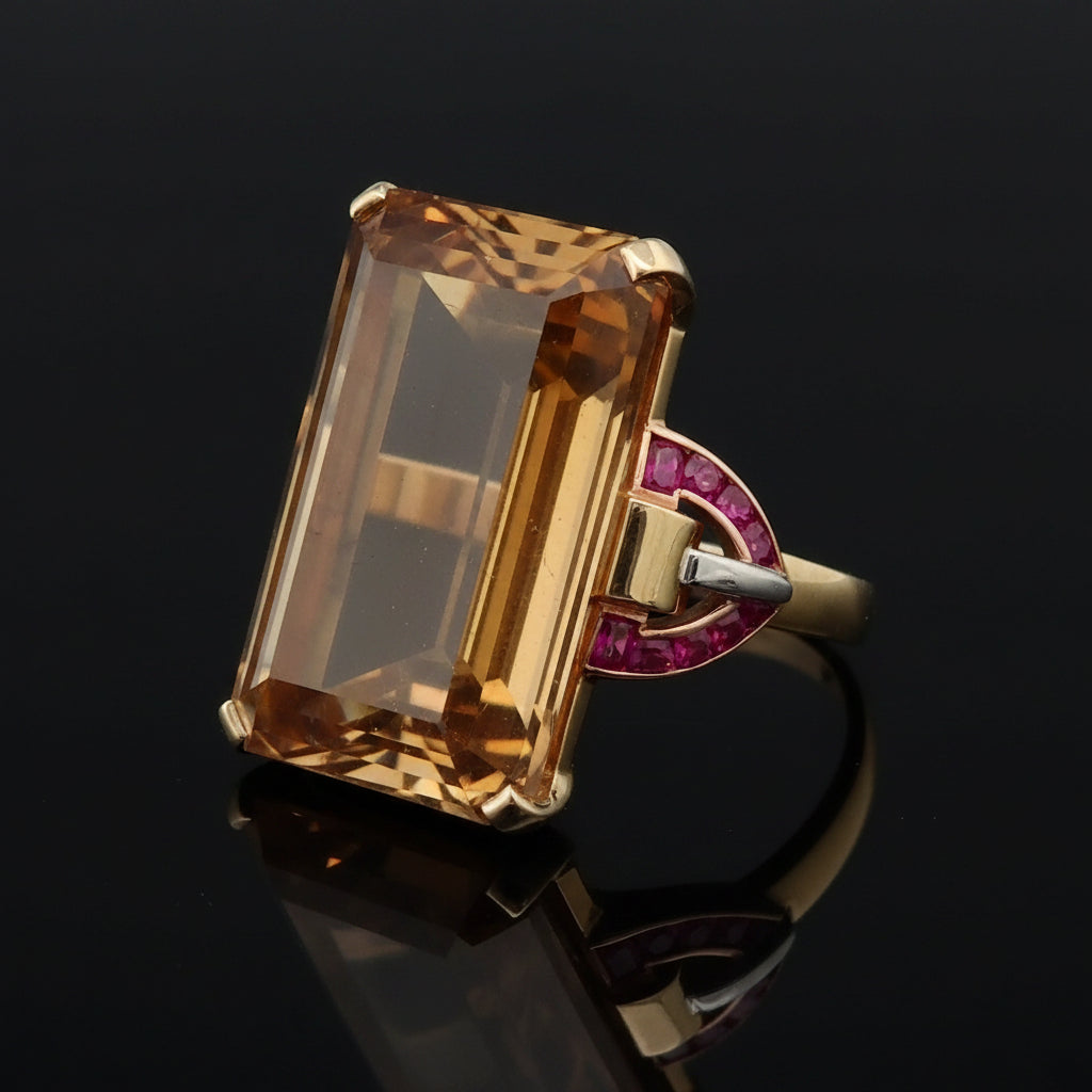 Estate Retro 36.00 ct Citrine & French Cut Ruby 14K Yellow Gold Ring