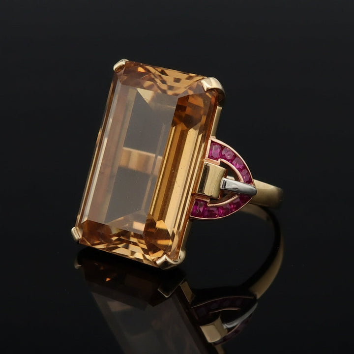 Estate Retro 36.00 ct Citrine & French Cut Ruby 14K Yellow Gold Ring