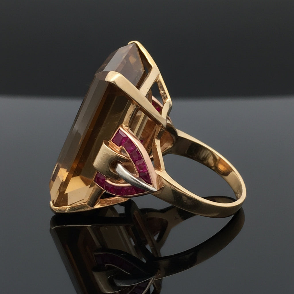 Estate Retro 36.00 ct Citrine & French Cut Ruby 14K Yellow Gold Ring
