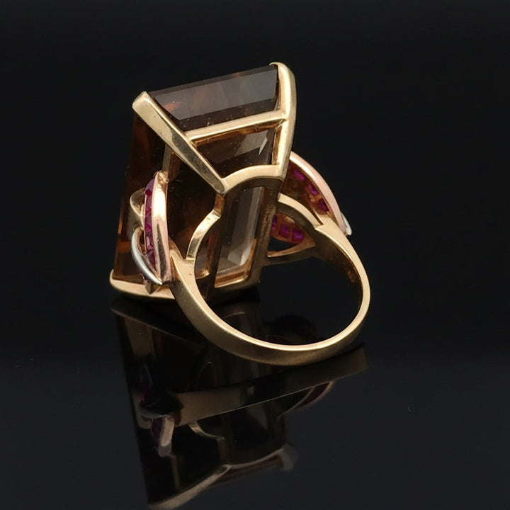 Estate Retro 36.00 ct Citrine & French Cut Ruby 14K Yellow Gold Ring