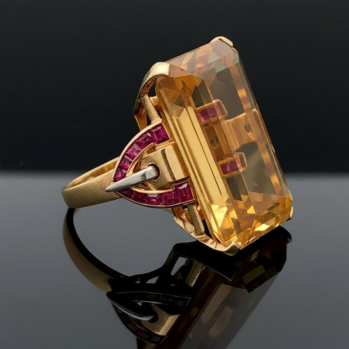 Estate Retro 36.00 ct Citrine & French Cut Ruby 14K Yellow Gold Ring
