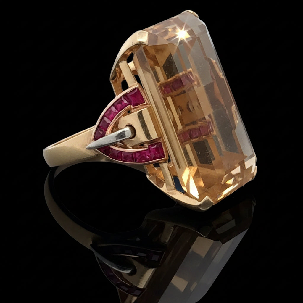 Estate Retro 36.00 ct Citrine & French Cut Ruby 14K Yellow Gold Ring