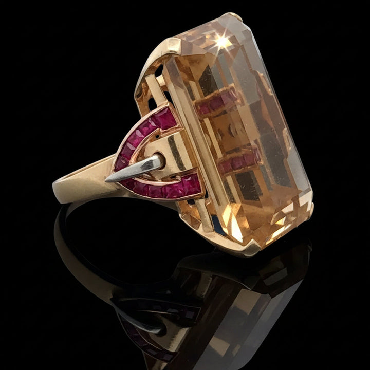Estate Retro 36.00 ct Citrine & French Cut Ruby 14K Yellow Gold Ring