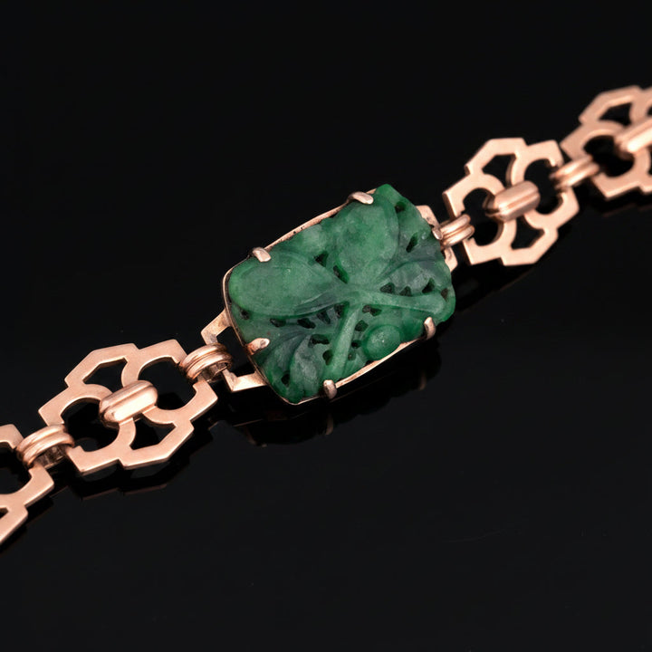 Mid Century Luck, Fortune & Fate Carved Jade & 14K Yellow Gold Bracelet
