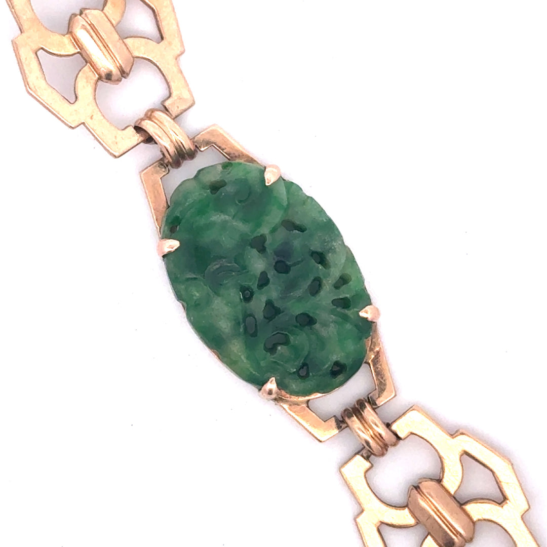 Mid Century Luck, Fortune & Fate Carved Jade & 14K Yellow Gold Bracelet